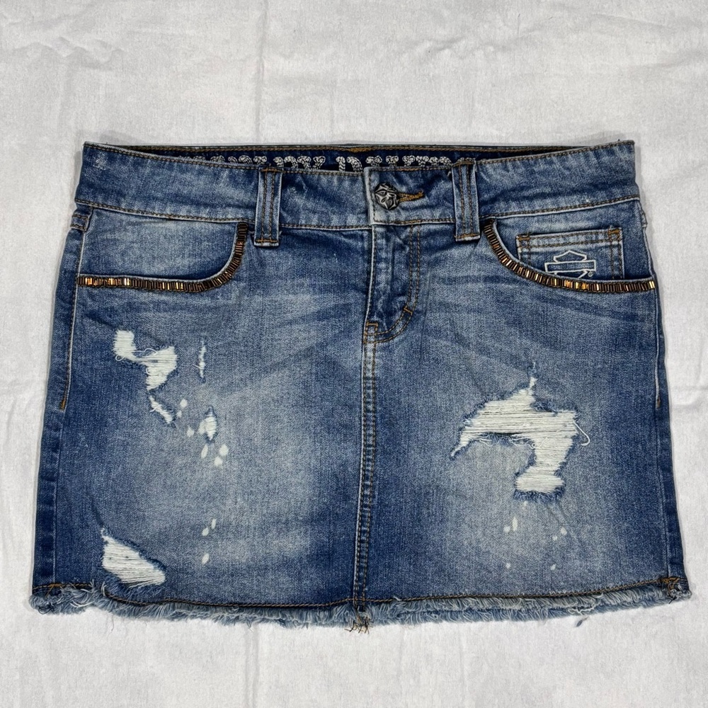 Harley Davidson Women's Medium Wash Distressed Denim Jean Mini Skirt Size 6